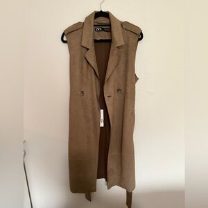Zara Women’s Longline Taupe Sleeveless Vest Faux Suede